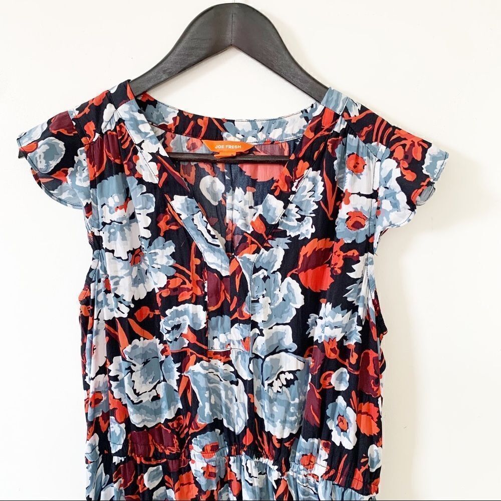Joe Fresh Blue Red Floral Midi Dress Cottagecore Flutter Sleeve Vacation S - Picture 4 of 6
